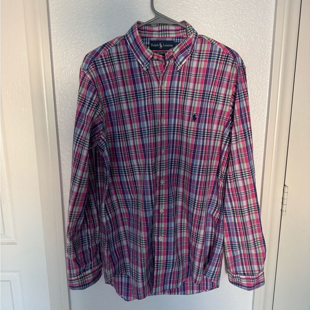Ralph Lauren Men's Pink and Blue Plaid Button-Down Shirt